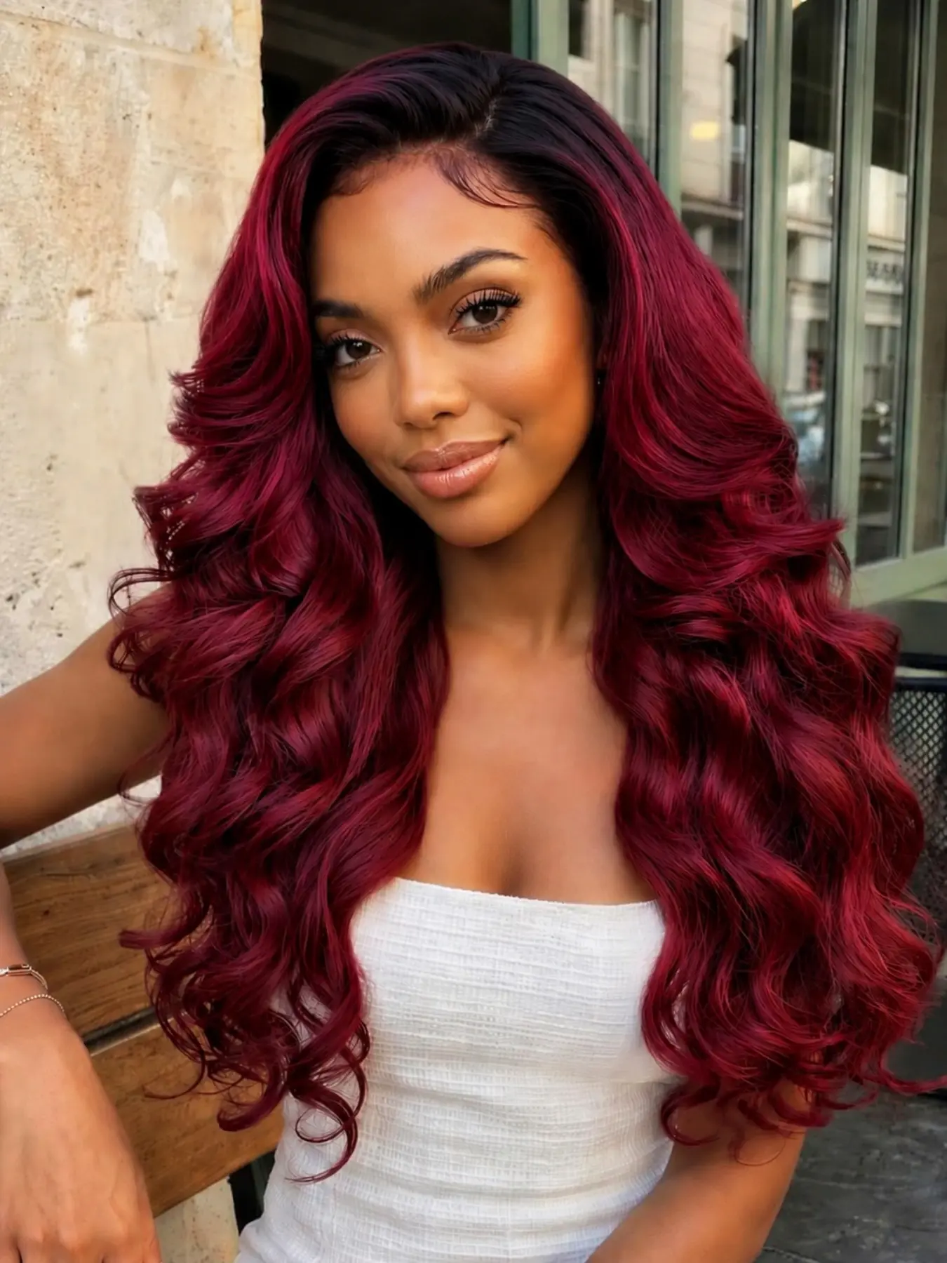 26 Inch Black Roots Burgundy Body Wave Lace Front Wig Heat Resistant Premium Synthetic Hair Glueless Natural Hairline for Daily & Party Wear