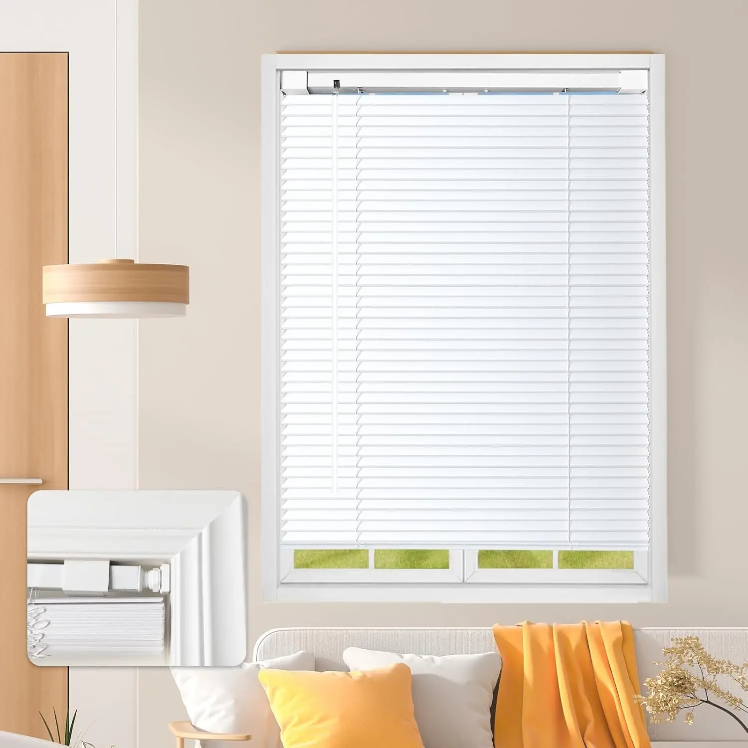 No Drill L-Shaped Vinyl Cordless Mini Blinds,White,46.5" Wx 48" H | 1",No Tools,Horizontal Window Blinds,Light Filtering,Indoor Windows