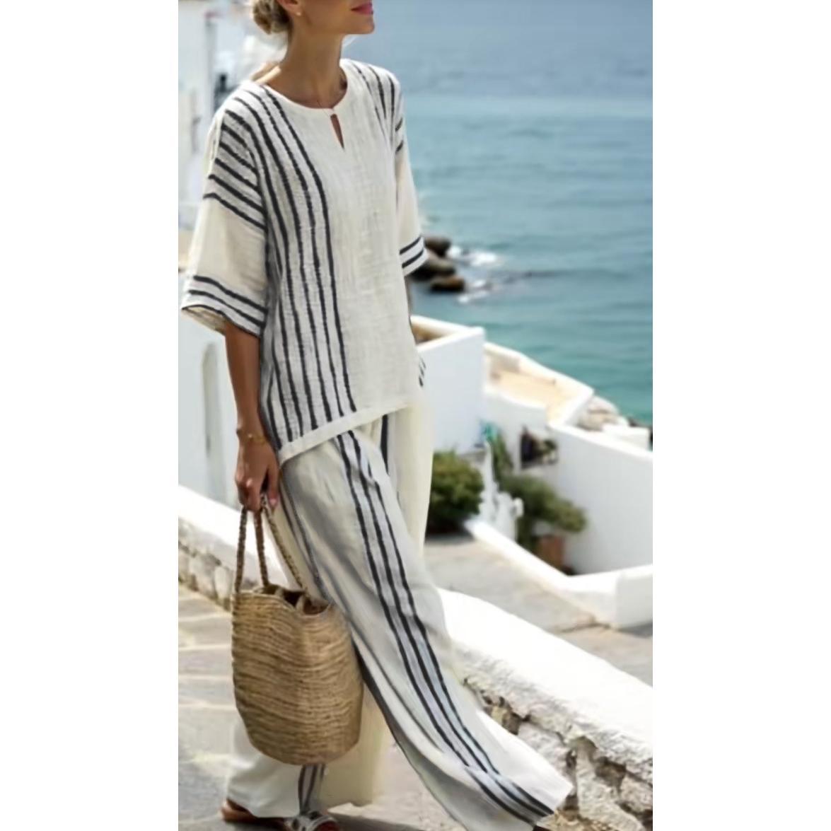 Boho Striped  Two Piece Set - Perfect for Beach, Vacation & Brunch! Casual Loose Fit Half Sleeve Top Wide Leg Pants Set #   TwoPieceSet #   WideLegPants #   Striped #   SummerOutfit #   BohoFashion #   CasualWear #   Outfit of the Day #   WomensFashion
