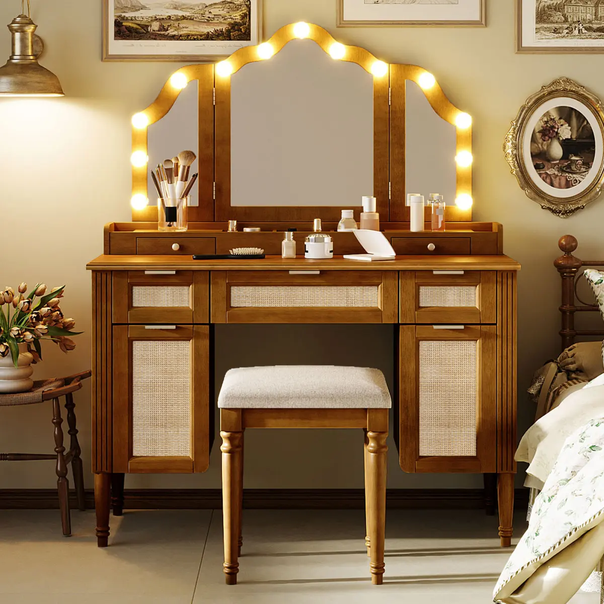 [Fahuac] Rubberwood Makeup Vanity Table with LED Lighting Tri-Fold Mirror, 13 Hollywood Bulbs, Charging Station, 3-Drawer Multi-Drawer Storage Desk, Espresso Finish