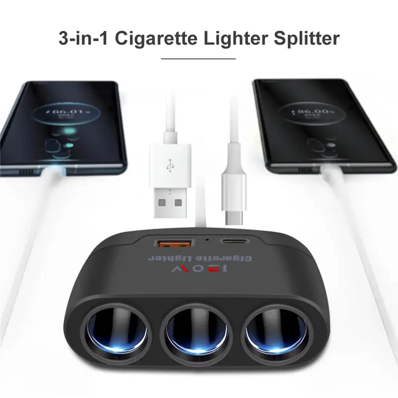3-in-1 USB Type-C Socket Car Cigarette Lighter Splitter Fast Charger - 120W Capacity, ABS Plastic Power Adapter for Car DVR, GPS Dashcam, High-Power Devices, Fuel Saver