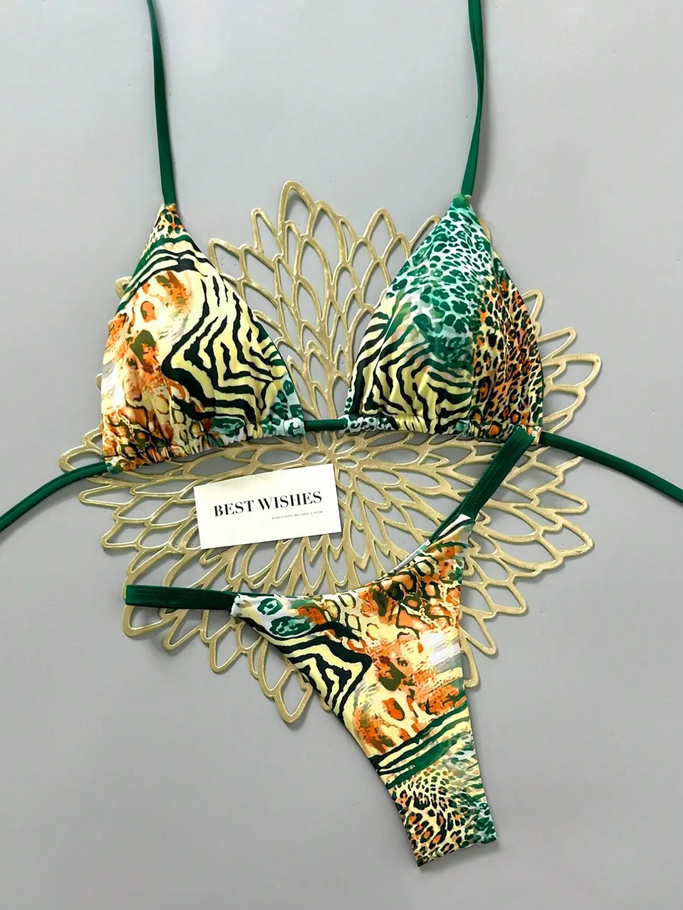American Style Animal Print Triangle Cup Two-Piece Swimsuit, Adjustable Halter Side Tie Bikini Set, Beach Vacation Photo