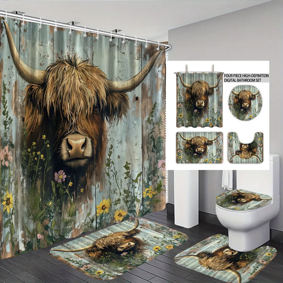 A four-piece digital-printed hand-painted highland cow flower bathroom set, including a shower curtain, a bathroom floor mat, a U-shaped cushion, and a toilet seat cover, suitable for bathroom decoration