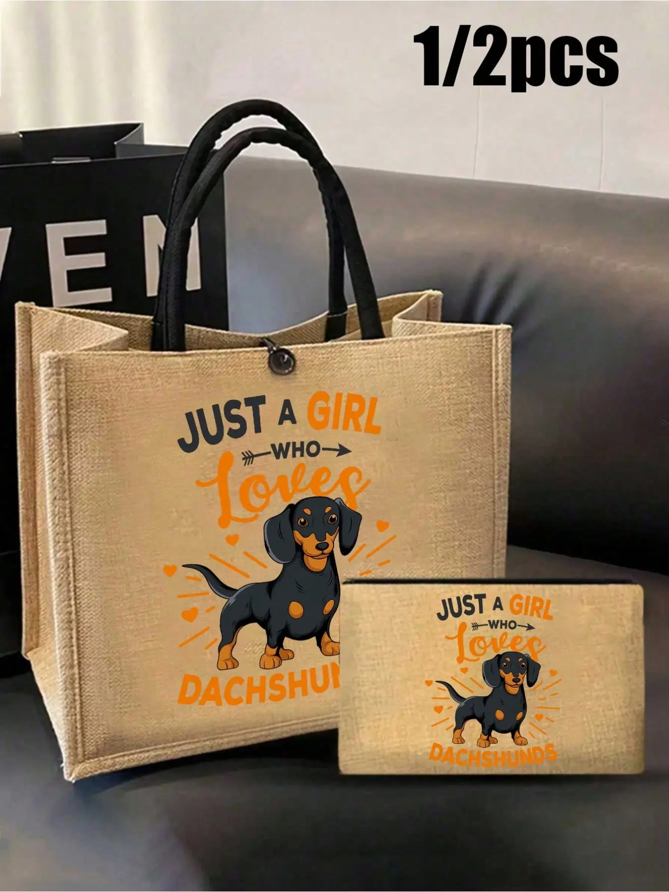 Dachshund Print Jute Handbag Set, Reusable Shopping Bag, Small Storage Pouch, Wallet, Medical Kit, Pet Theme, Ideal Gift for Dog Lovers