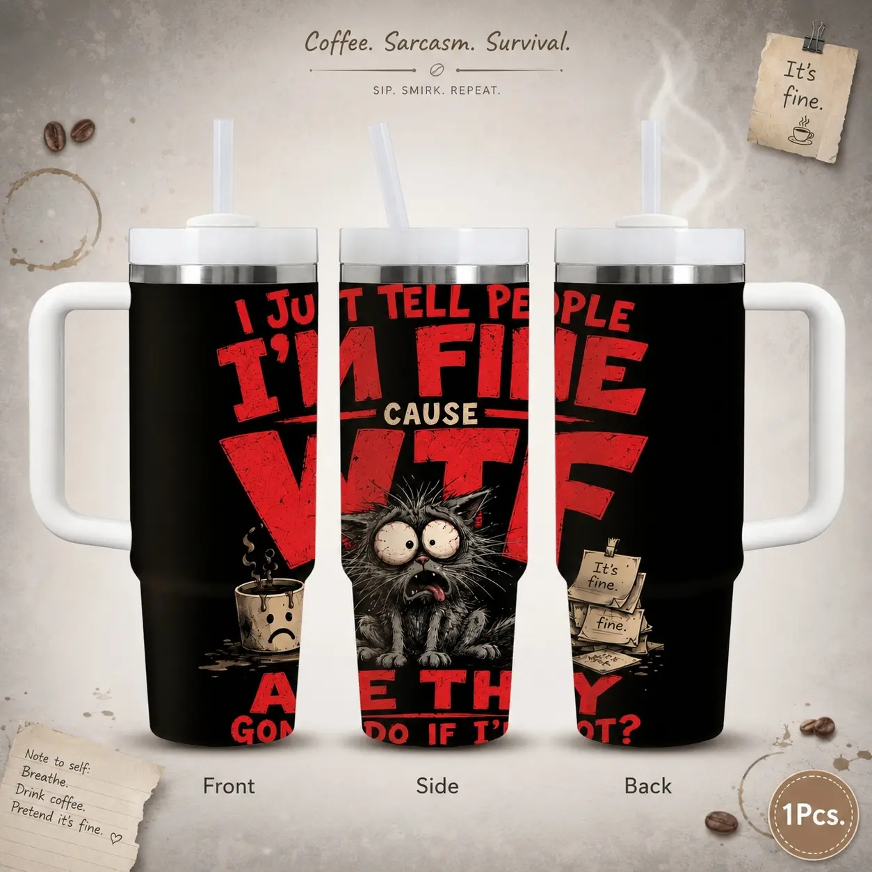 Panic Stress Black Cat Funny Sarcastic Quote Water Bottles 40oz Stainless Steel Vacuum Insulated Tumbler with Handle & Straw | Long-Lasting Cold & Heat Retention, Leak-Resistant | For Iced Coffee, Water, Office, Gym & Travel