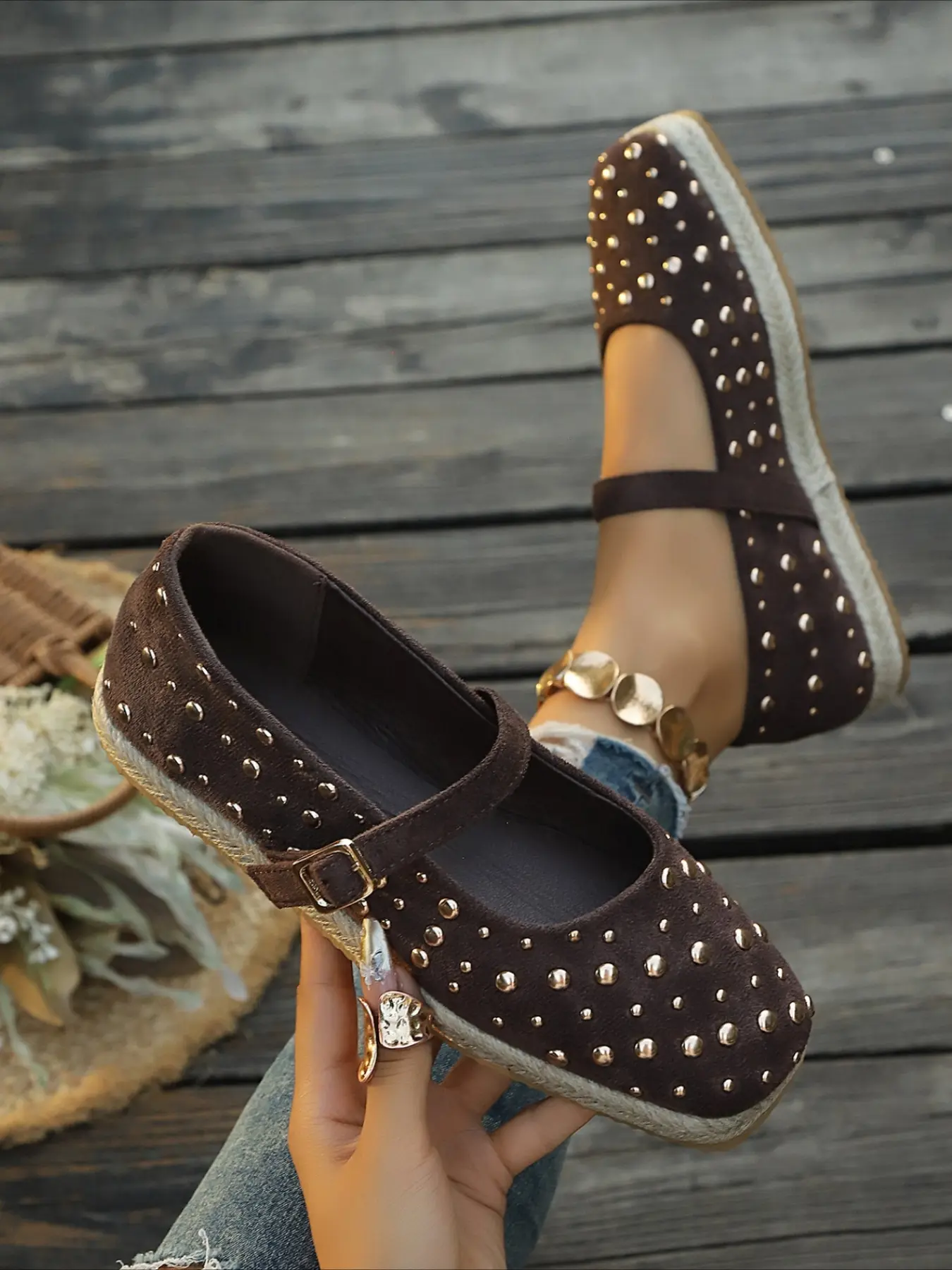 Round toe Mary Jane espadrilles decorated with metal rivets, adjustable ankle strap flat shoes, retro casual women shoes for daily wear.