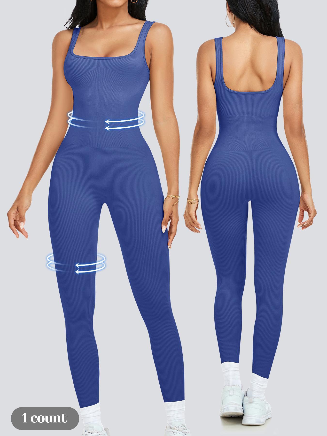 Women's Solid Square Neck Shapewear Jumpsuit, Casual Comfy Tummy Control Seamless Ribbed Jumpsuit for Daily Wear, Ladies Shapewear for All Seasons, Sporty Comfy Jumpsuit