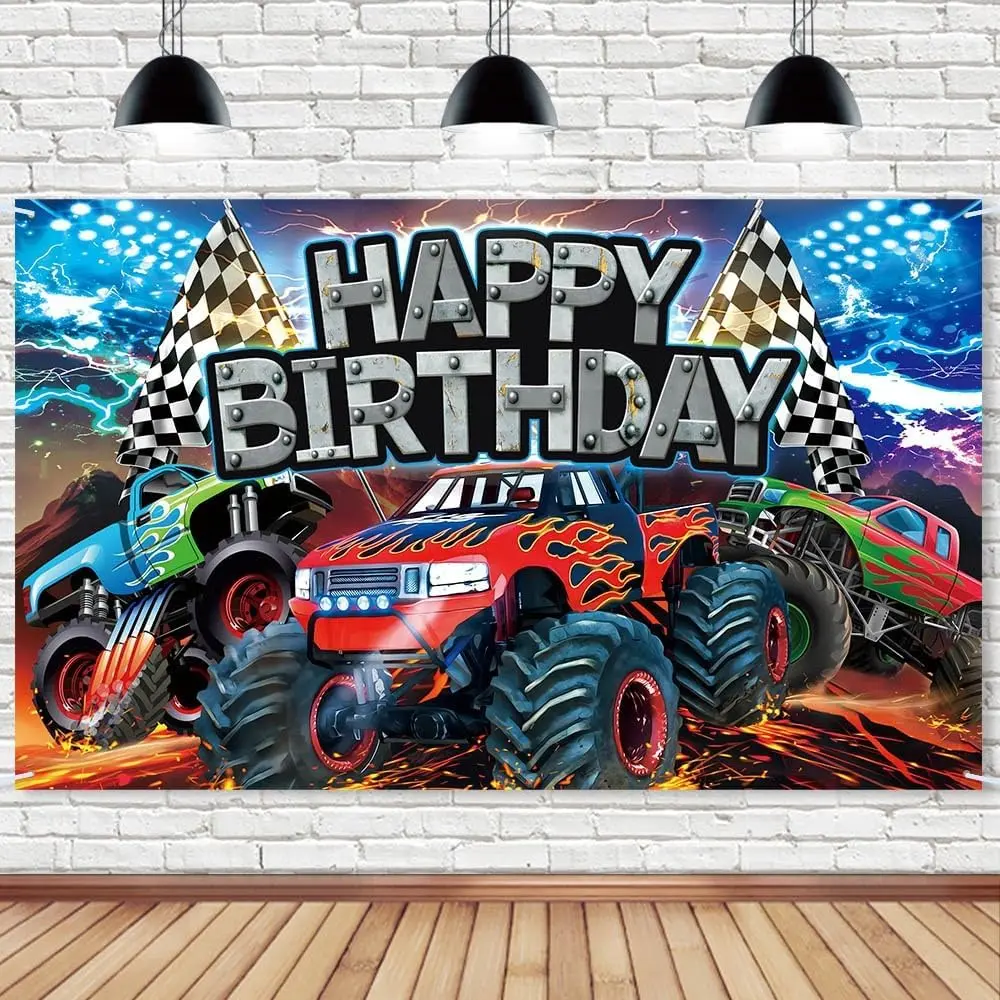 Monster Car Happy Birthday Backdrop 70.8 * 43.3 Inch Truck Themed Party Decorations Off-Road Vehicle Racing Car Background Truck Fan Meeting Photo Booth Props