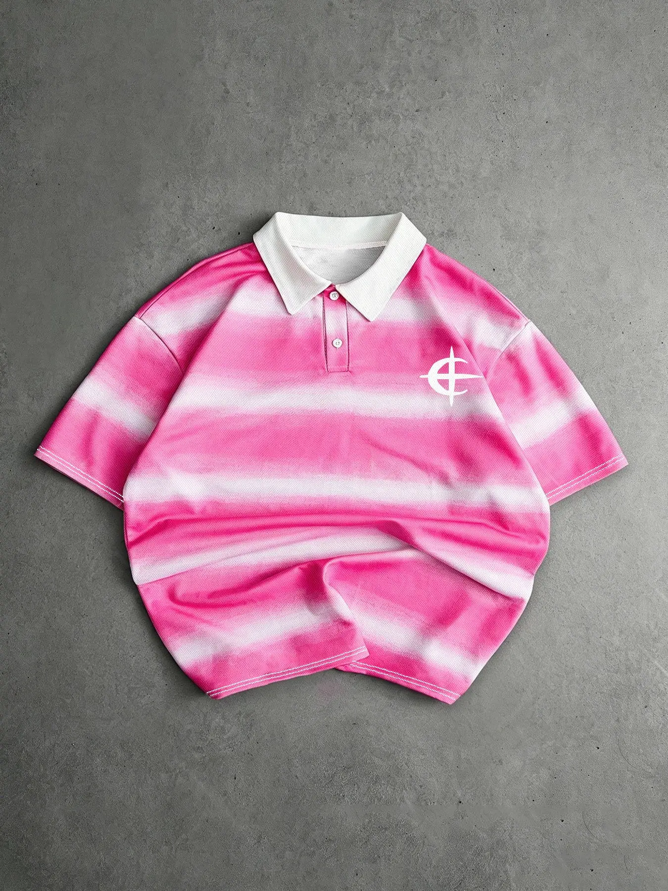 Men's Pink White Gradient Stripe Short Sleeve Polo Shirt, Minimalist Cross Symbol Chest Logo Print, White Lapel Collar Half Button Placket, Loose Oversized Street Fit, Soft Y2K Daily Casual Top, Summer Polo Shirts