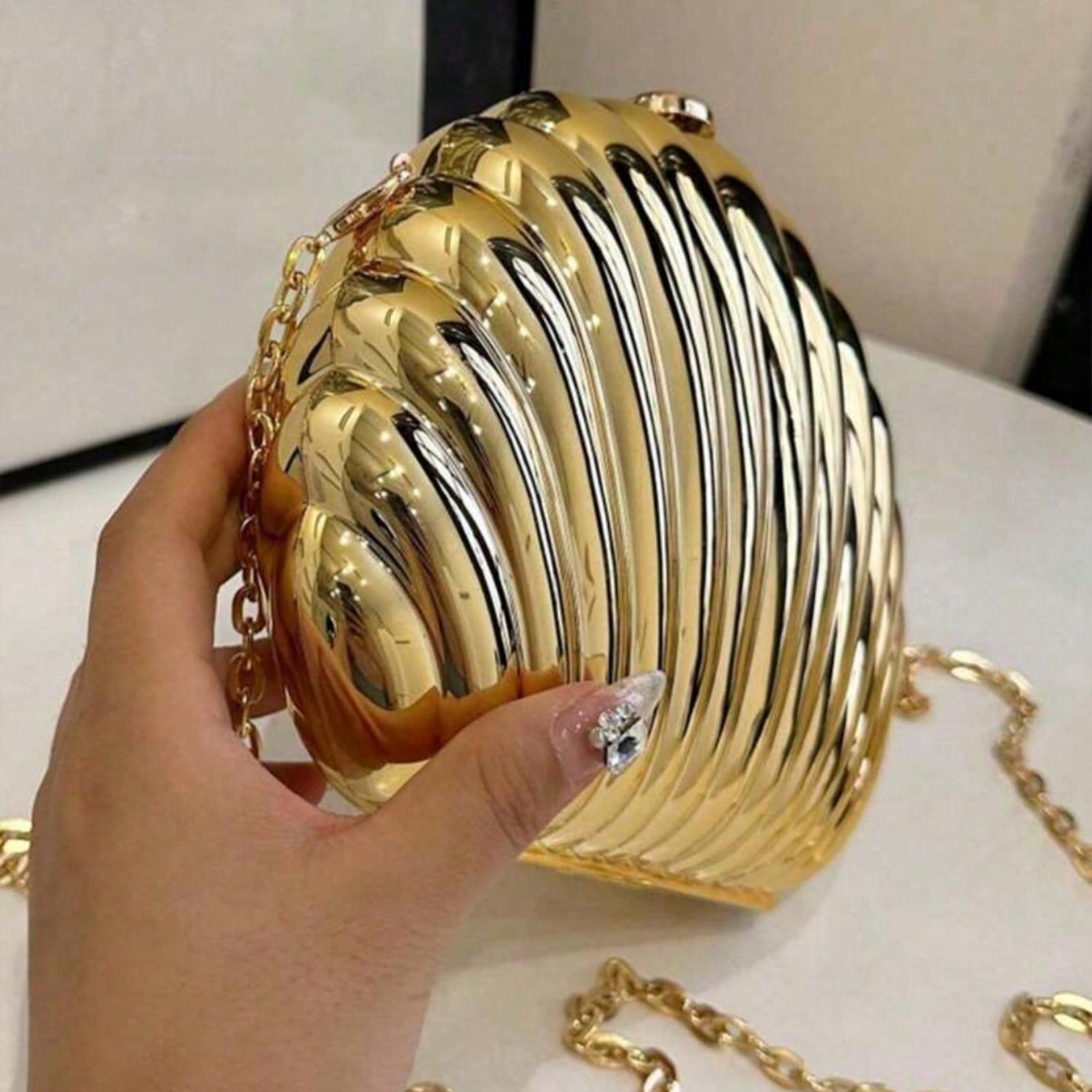 Mini Shell-Shaped Fashion Laser Metal Clutch, Vintage Metal Frame Chain Shoulderbag Crossbody Bag, Suitable For Women Formal Dinner, Going Out, Dating, Shopping, Elegant Shell Purse Perfect For Parties Weddings Dinners & Banquets Matches Wedding Dresses