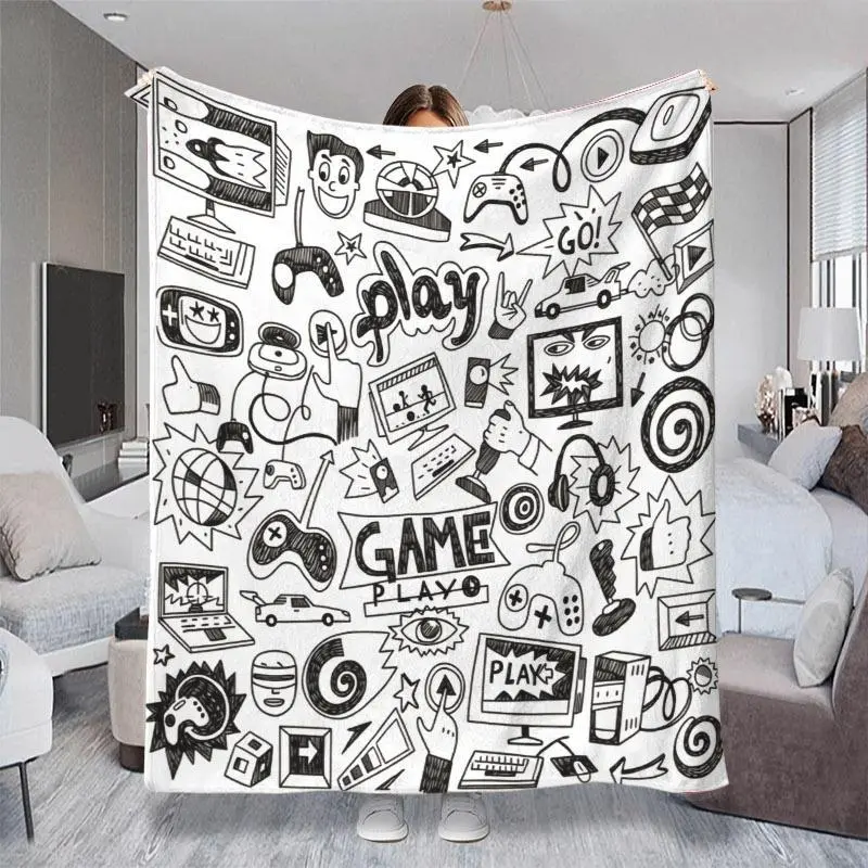 2D Flat Printed (Non 3D) Black & White Doodle Gaming Themed Graphic Throw Blanket, All-over Game Controllers & Play Element Pattern, Available in Multiple Specifications in Multi-color, Cozy Soft Cover for Nap Time, Bedroom & Couch Leisure Use