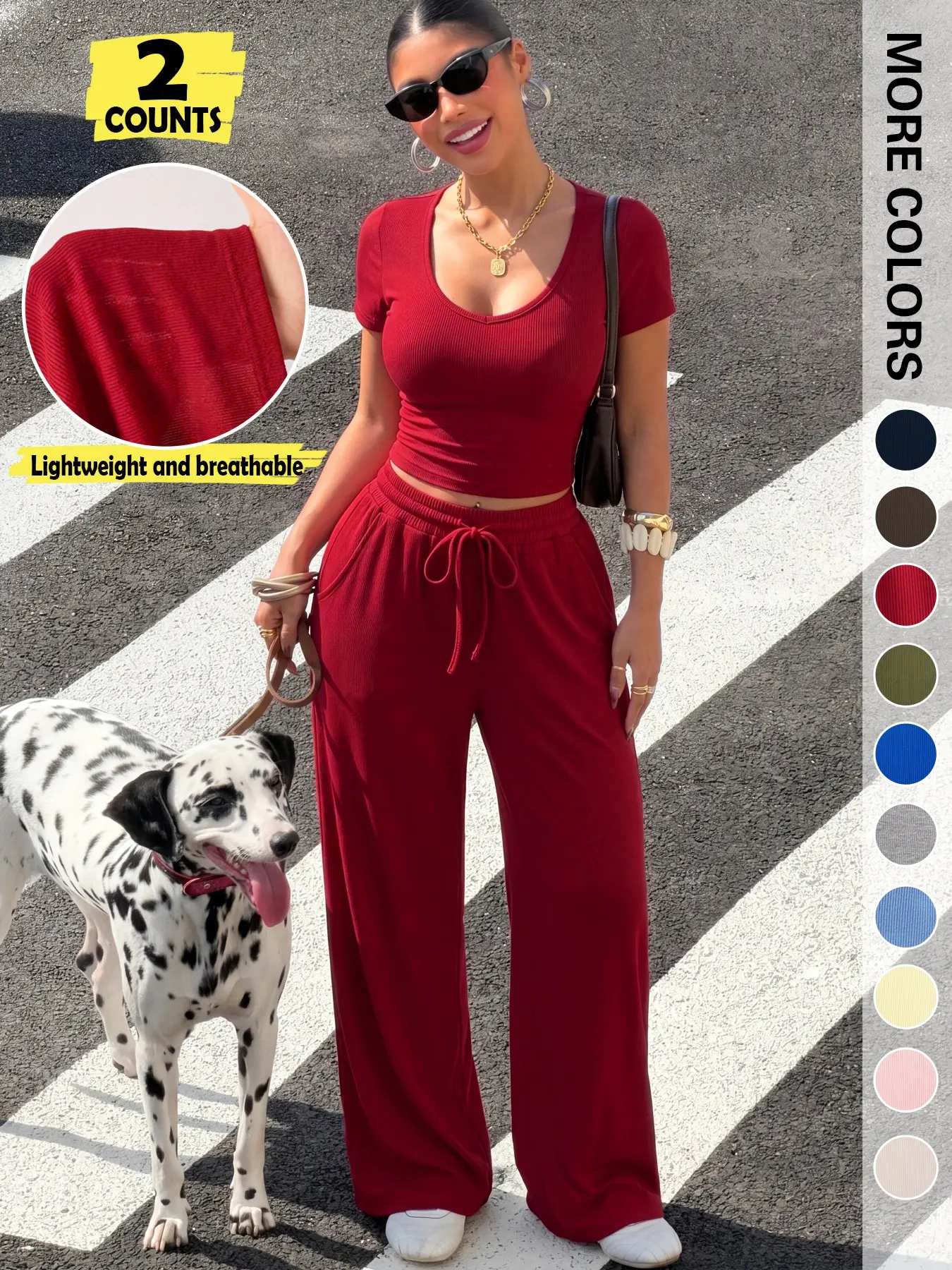 2 Piece Women's Casual Set Ribbed Short Sleeve Scoop Neck Top and Wide Leg Pants with Pockets Elastic Drawstring Athleisure Wear Workout