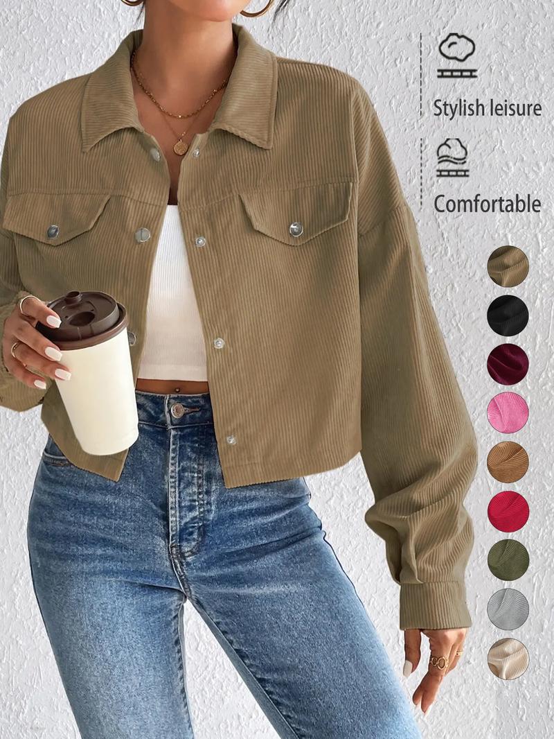 Women's Plain Button Front Drop Shoulder Jacket, Casual Pocket Design Long Sleeve Corduroy Jacket for Fall & Winter