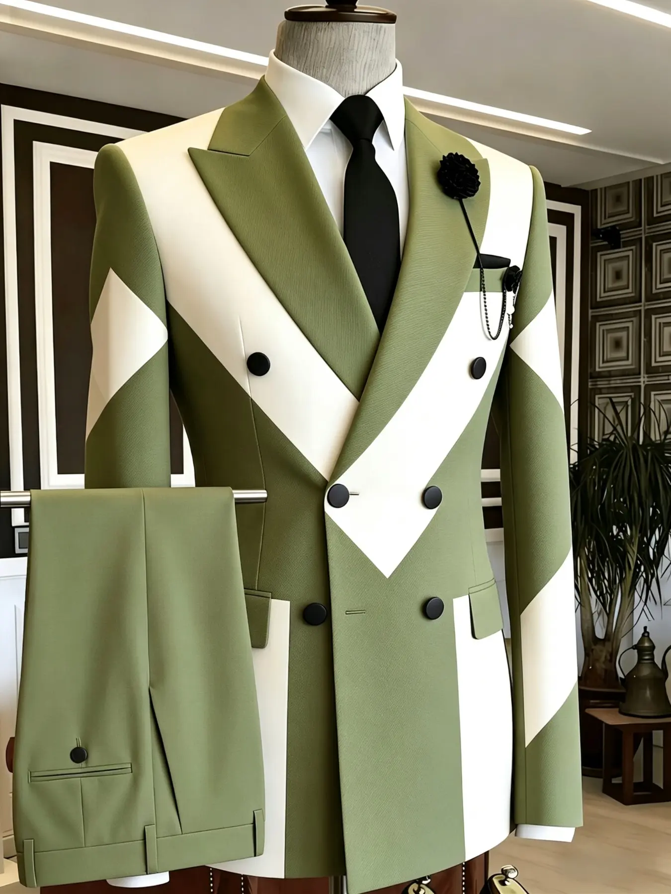 Ainwear Men's Geometric Color Block 2 Piece Suit, Double Breasted Blazer Jacket & Solid Dress Pants, Formal Wedding Tuxedo, Casual