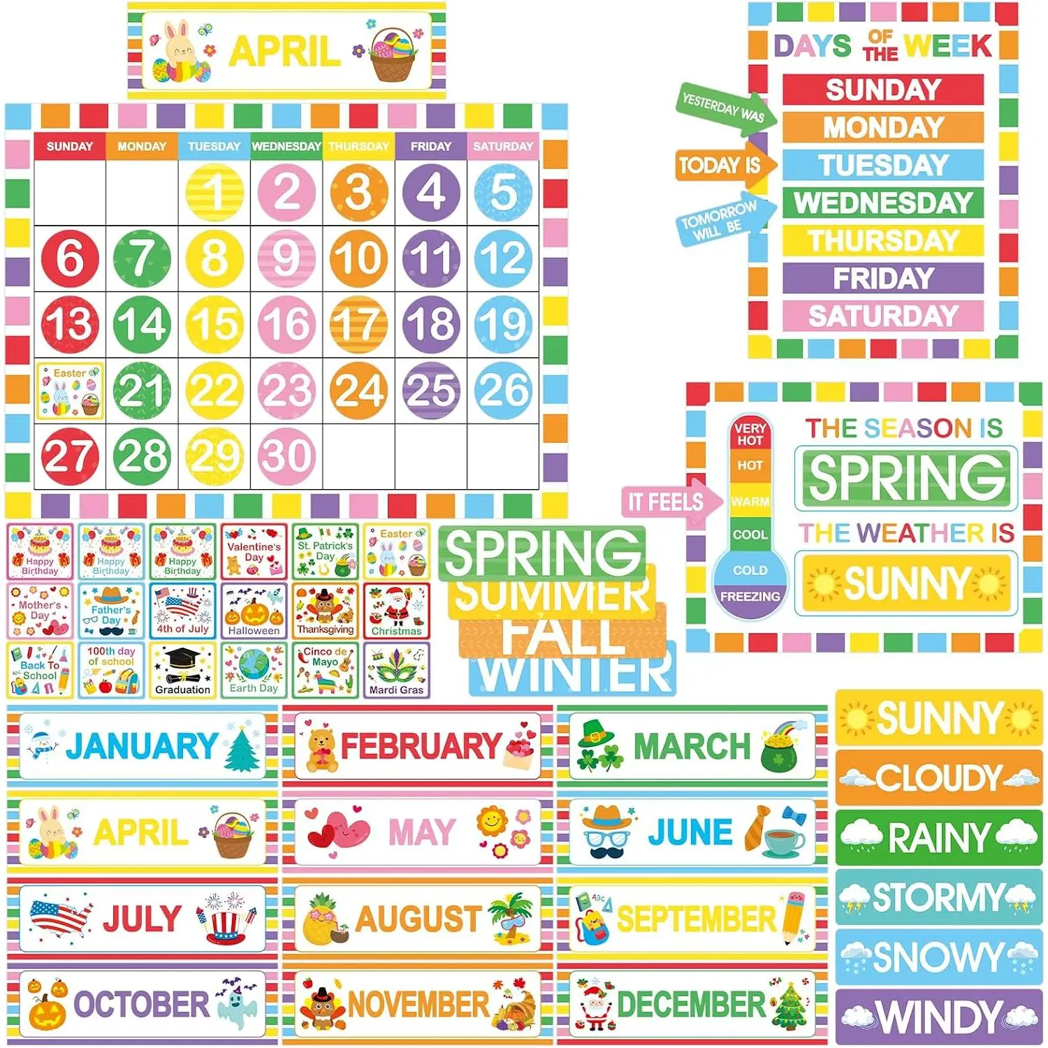 Rainbow Classroom Calendar Bulletin Board Set Colorful Calendar Bulletin Board Set for Rainbow Classroom Decoration with Hook and Loop Dot Stickers