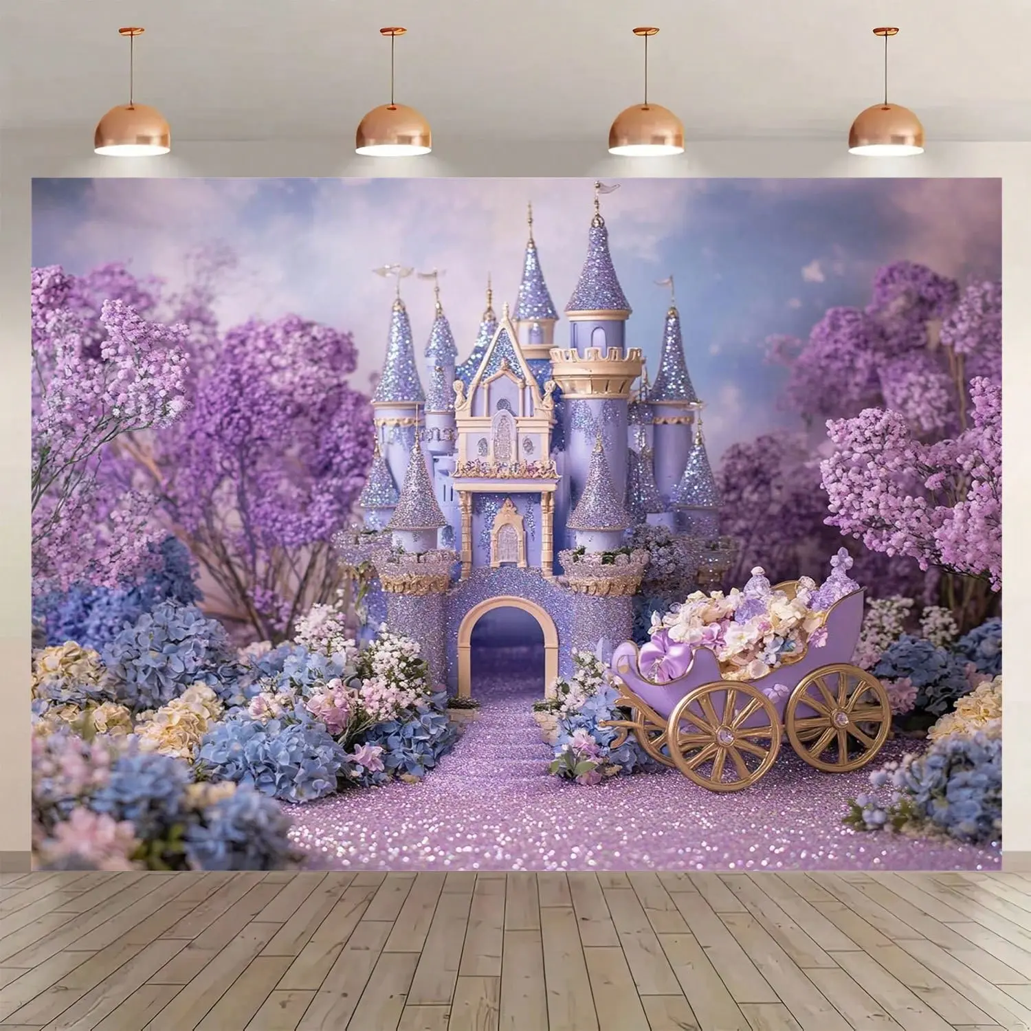 Purple Multicolor Princess Castle Tapestry - Lightweight Polyester Durable Party Banner, Royal Theme Birthday/Baby Shower Decoration, Photo Background Wall Hanging, Fantasy Home Decor, Pouch-Included Prints Prop