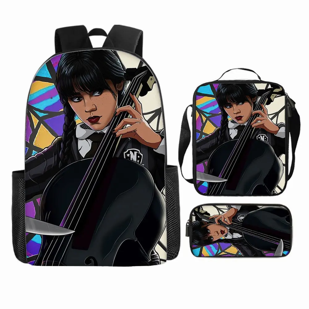Wednesday Violin Colorful Mosaic Background Three-Piece School Bag Set, including a backpack, insulated lunch bag, and pencil case, suitable for teenagers' daily school use
