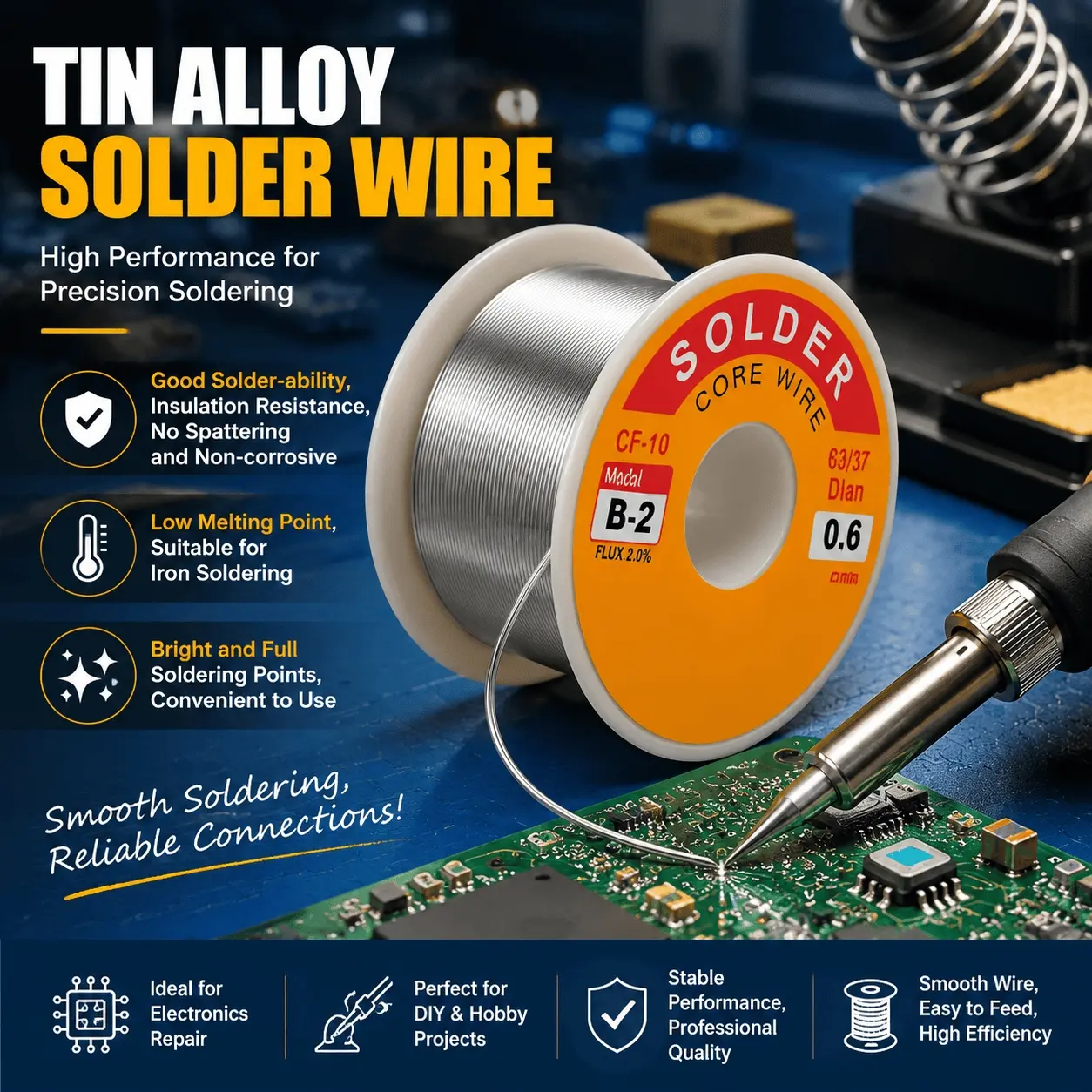 2% Rosin Core Solder Wire, Low Temperature Fast Melt for Circuit Board Repair and Precision Electronics Soldering, High Fluidity Low Residue, 50g or 100g Tin Alloy Solder Roll