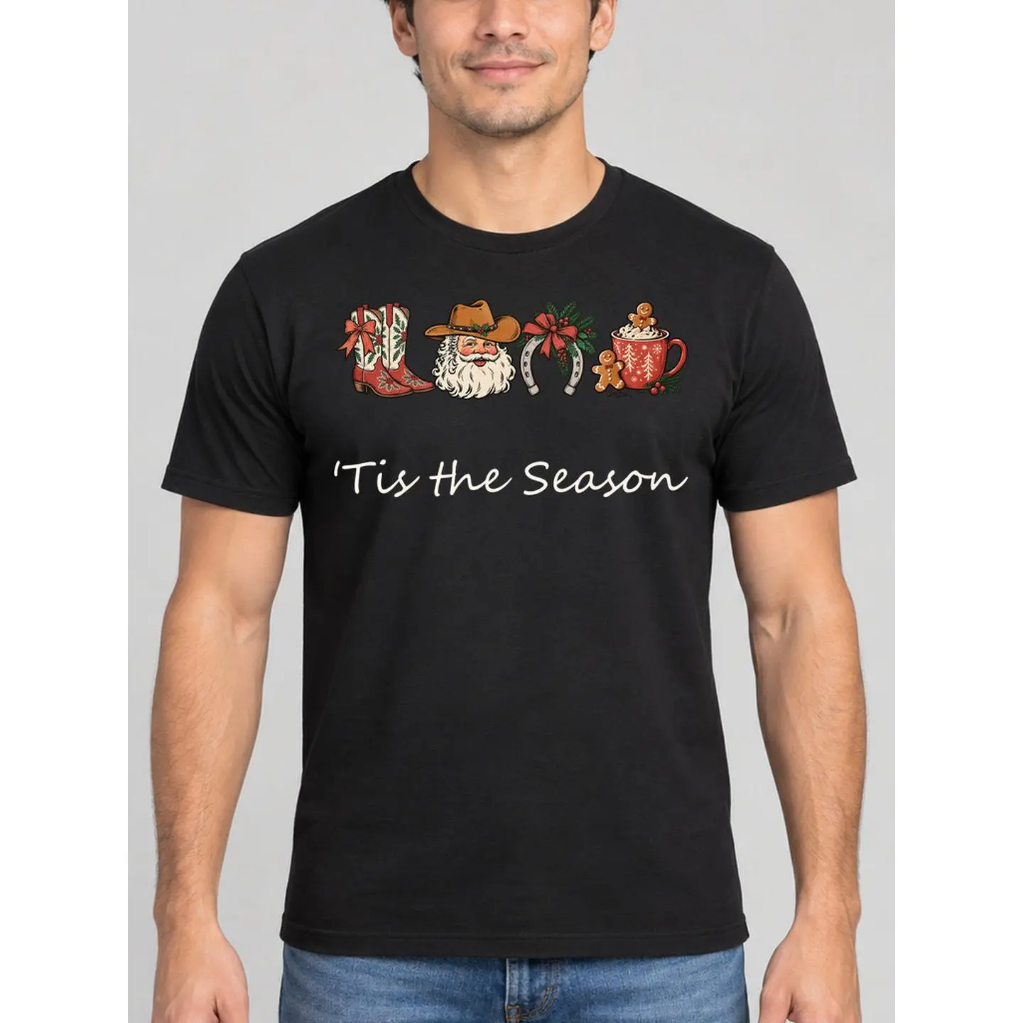 Tis the Season Western Christmas Graphic T-Shirt, Cowboy Santa Claus Tee, Vintage Cowboy Boots Horseshoe & Hot Cocoa Print, Country Christmas Holiday Outfit, Unisex Black Short Sleeve Top