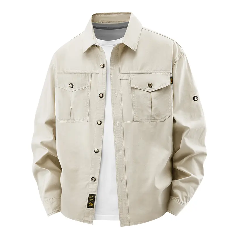 Men's Utility Cargo Shirt Long Sleeve Button Down Workwear Jacket Dual Flap Pocket Tactical Military Style Outdoor Hiking Apparel Casual Cotton Twill Safari Blend Heavyweight Structured Over-shirt Trendy Men's Fashion Rugged Daily Uniform Outfits