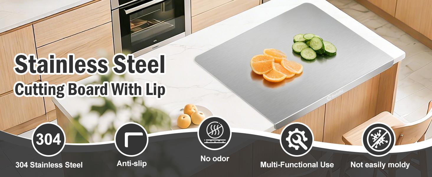 Stainless Steel Cutting Board with Lip, Large Metal Chopping Board with Counter Edge, Dishwasher Safe Non-Slip Pastry Board for Meat Vegetables & Baking(18x14)