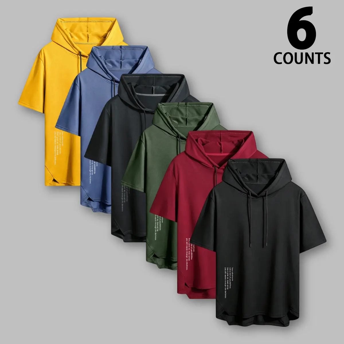 Men's 6-Pack Hooded T-Shirts, Casual Polyester Clothes with a Fitted Cut, Short Sleeve Summer Tops with Adjustable Drawcord, Machine Wash, Medium Length, Solid Plain, T-Shirt Hoodie