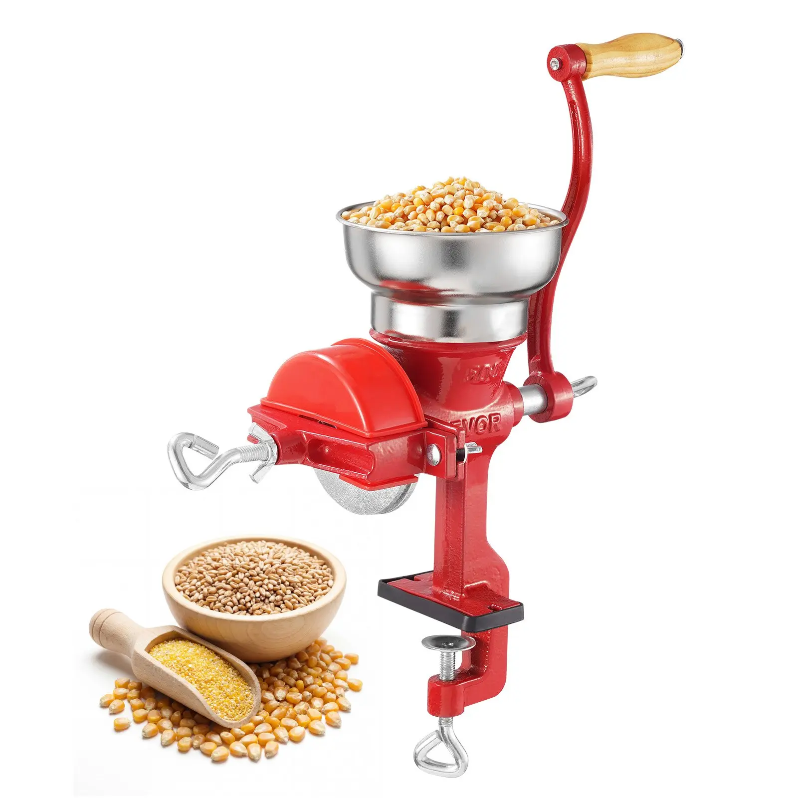 VEVOR Cast Iron Manual Grain Mill, Hand-Crank Grinder with Low Hopper, Stable Table Clamp & Dust Cover for Grains, Spices, Coffee Beans