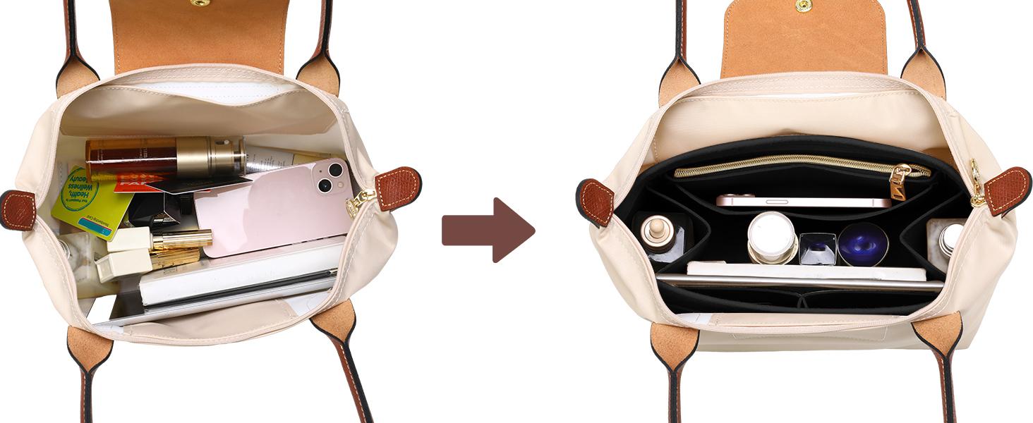 Purse Organizer Insert for Longchamp Le Pliage, Premium Felt Long Champ Bag Handbag Women, Tote Organizer Insert with 9 Compartments (Large, Pink)