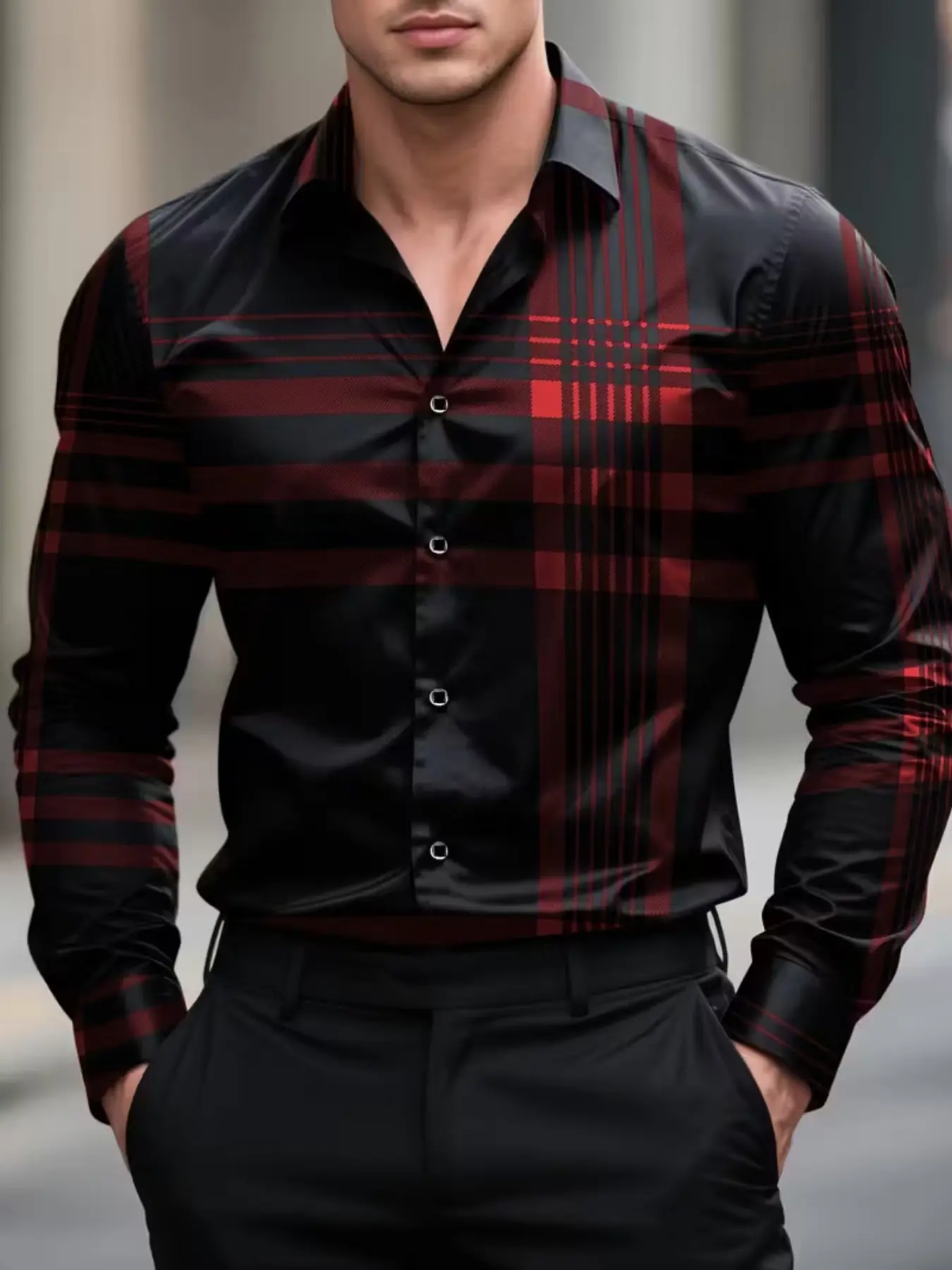 Men's Vintage Plaid Checked Long Sleeve Fitted Casual Collared Shirt, Chic Fit Casual, Menswear, Classic Fashion Workwear for Dad & Son, Comfortable Retro Style Cs58110