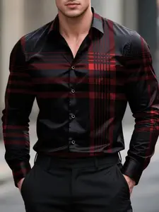 Men's Vintage Plaid Long Sleeve Fitted Casual Shirt, Menswear, Fashion Workwear for Dad & Son, Comfortable Retro Style Cs58110