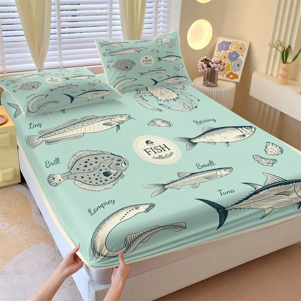3Pcs Coastal Nautical Bedding Set, Vintage Marine Life Fish Print Fitted Sheet Set, Soft Breathable Bed Sheets Set for Bedroom Decor, Ocean Themed Bedroom Essentials No Fillers
