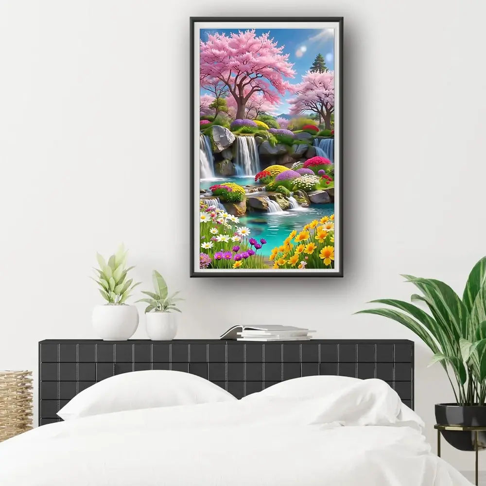 1 Piece 2D Flat Unframed Handmade DIY Diamond Painting Kit Cherry Blossom Waterfall Landscape Style Suitable for Home Decoration and Gifting