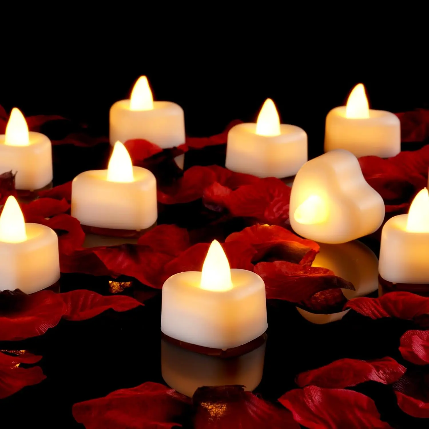 Home Decor Lighting Set with 1000 Artificial Petals & 24 Heart-Shaped Interior LED Candles - Reusable Lights Creating an Ambient Glow for Romantic Wedding & Anniversary Floor-to-Bed Setup, Led Candle Lamp