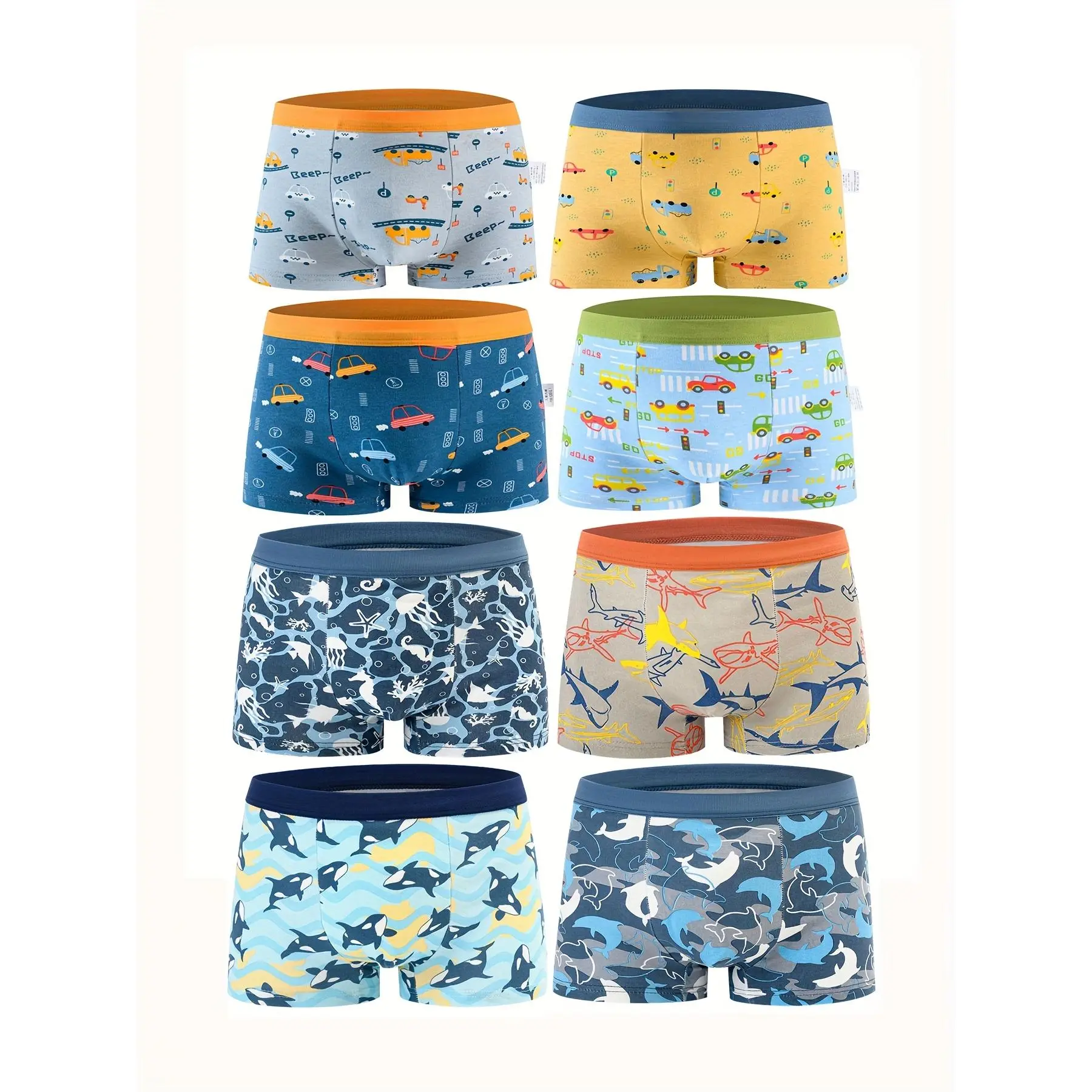 8pcs Kids Boys Boxer Briefs Cute Cartoon Print Short Trunks Sports Underwear for Daily Wear