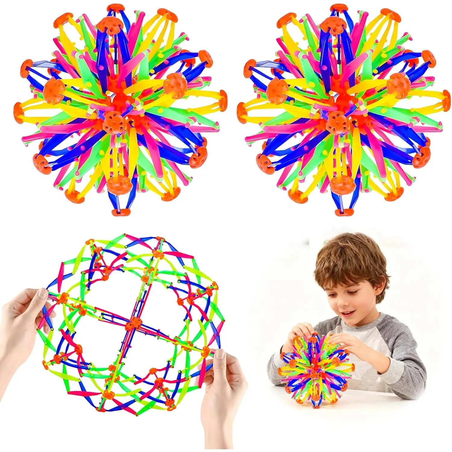 2 Pcs Colorful Sphere Collapsible Expandable Breathing Ball Toy, Anxiety Reliever Stress Ball, Sensory & Fidget Expanding Magic Ball Toy for Kids and Adults for Autism, Anxiety, Yoga, ADHD