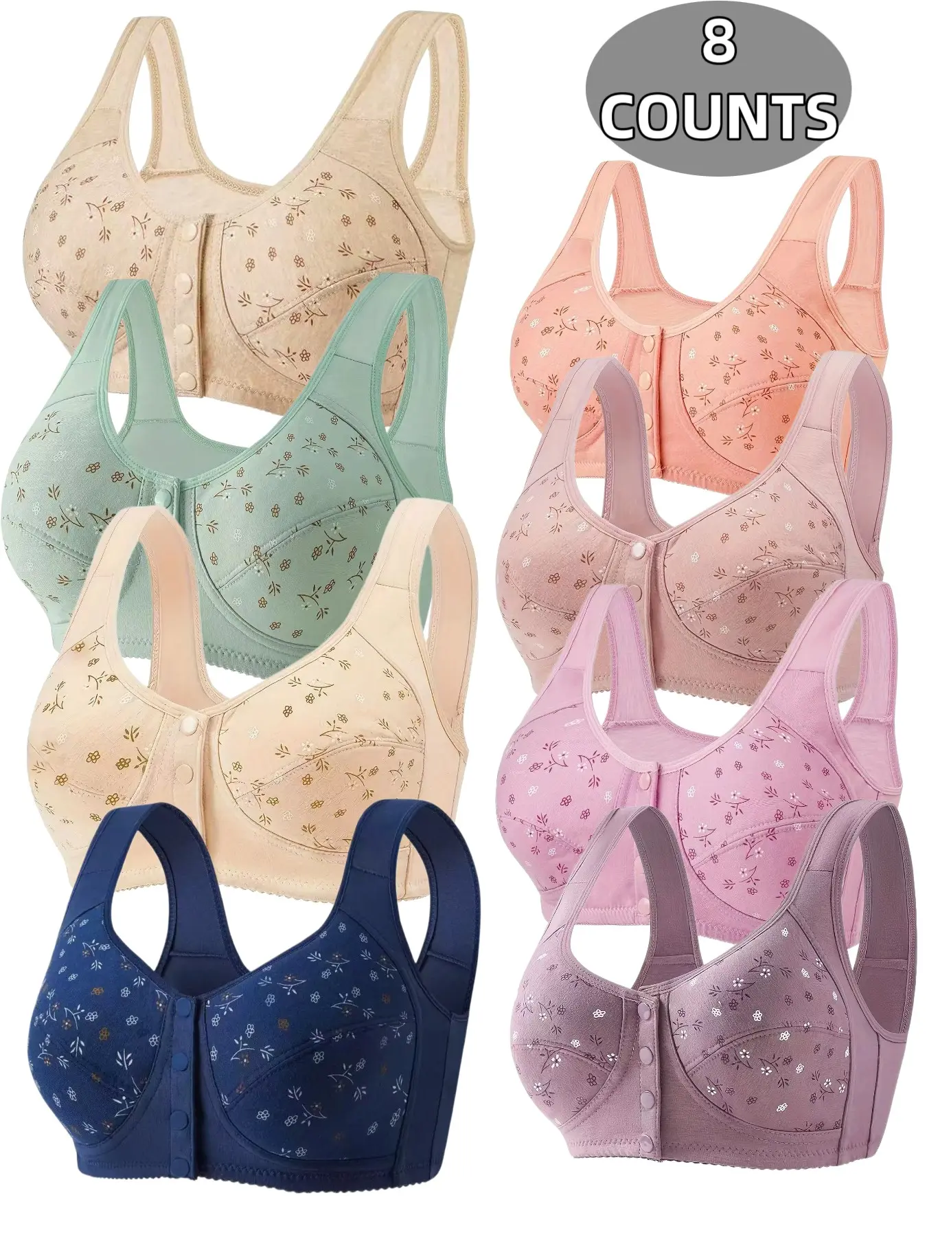 8-Pack Women's Chic Wire-Free Front Buckle Bralettes, Seamless Comfort Fit, Daily Wear Underwire Free Bras, Breathable Soft Fabric, Full Day Support