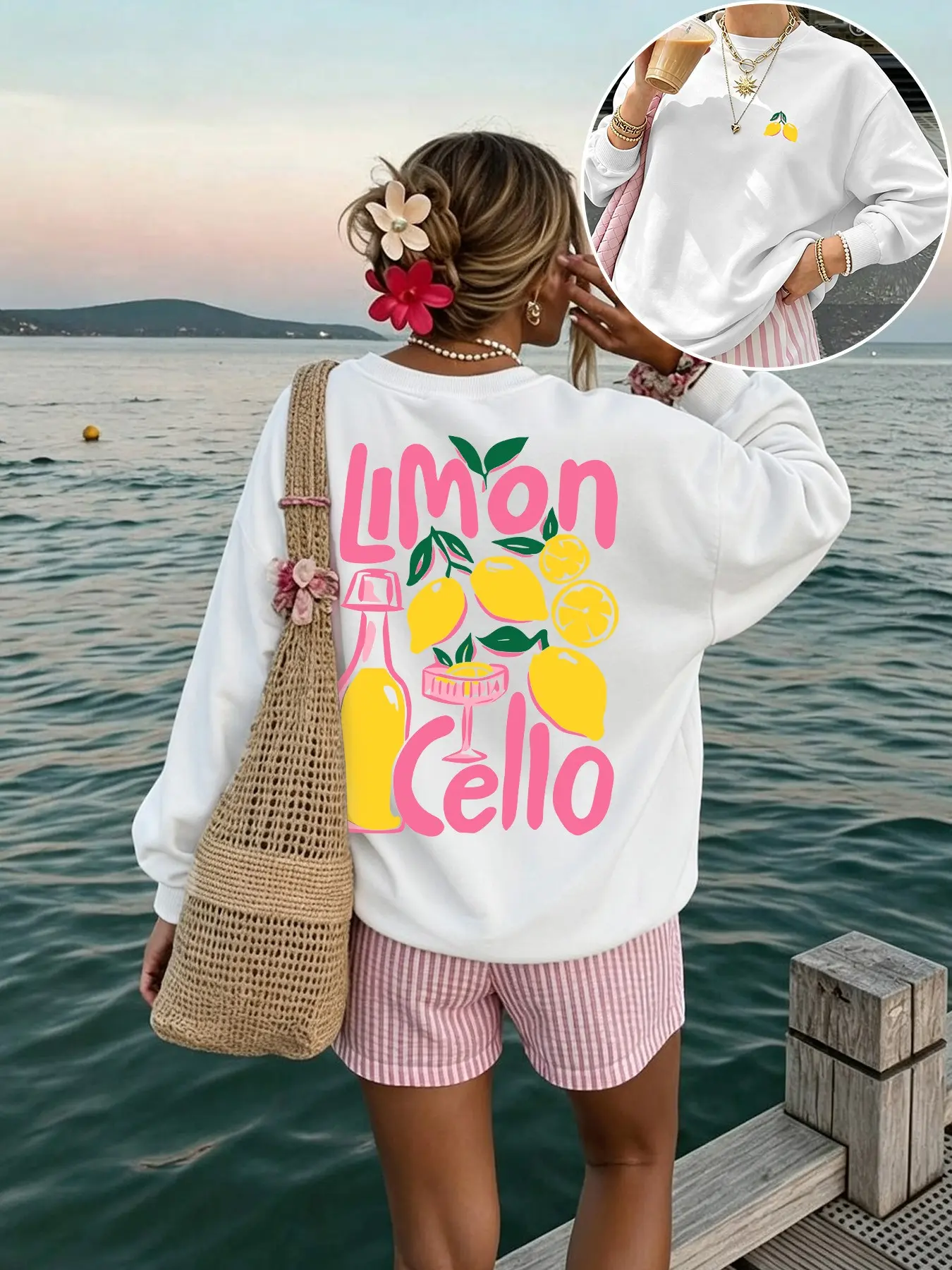 Women's Lemon Wine Glass Print Round Neck Pullover, Soft Comfortable Fabric, Fall Winter Fashion Sweatshirt, Casual Loose Fit Top