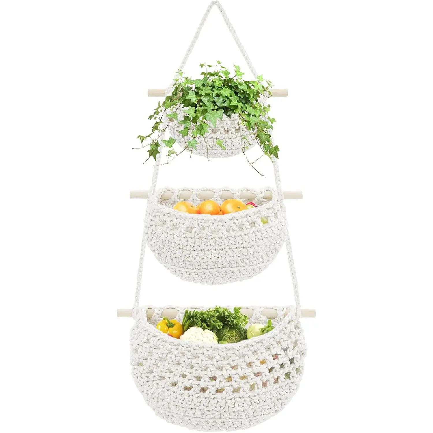 3 Tier Hanging Fruit Basket, Cotton Woven Wall Hanging Basket for Organizing Fruit Vegetable Storage, Boho Wall Baskets for Kitchen Bedroom Living Room
