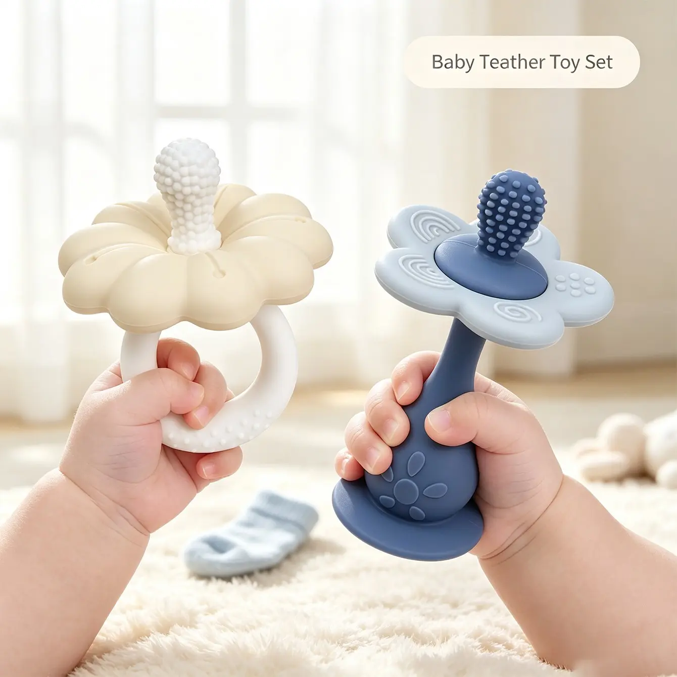 2pcs/set Flower Teething Toy for Babies, Teething Relief Set, Strong Suction Base, Adhesive Desktop & Bathroom Toy, Flower Nipple Design, Infant Teether