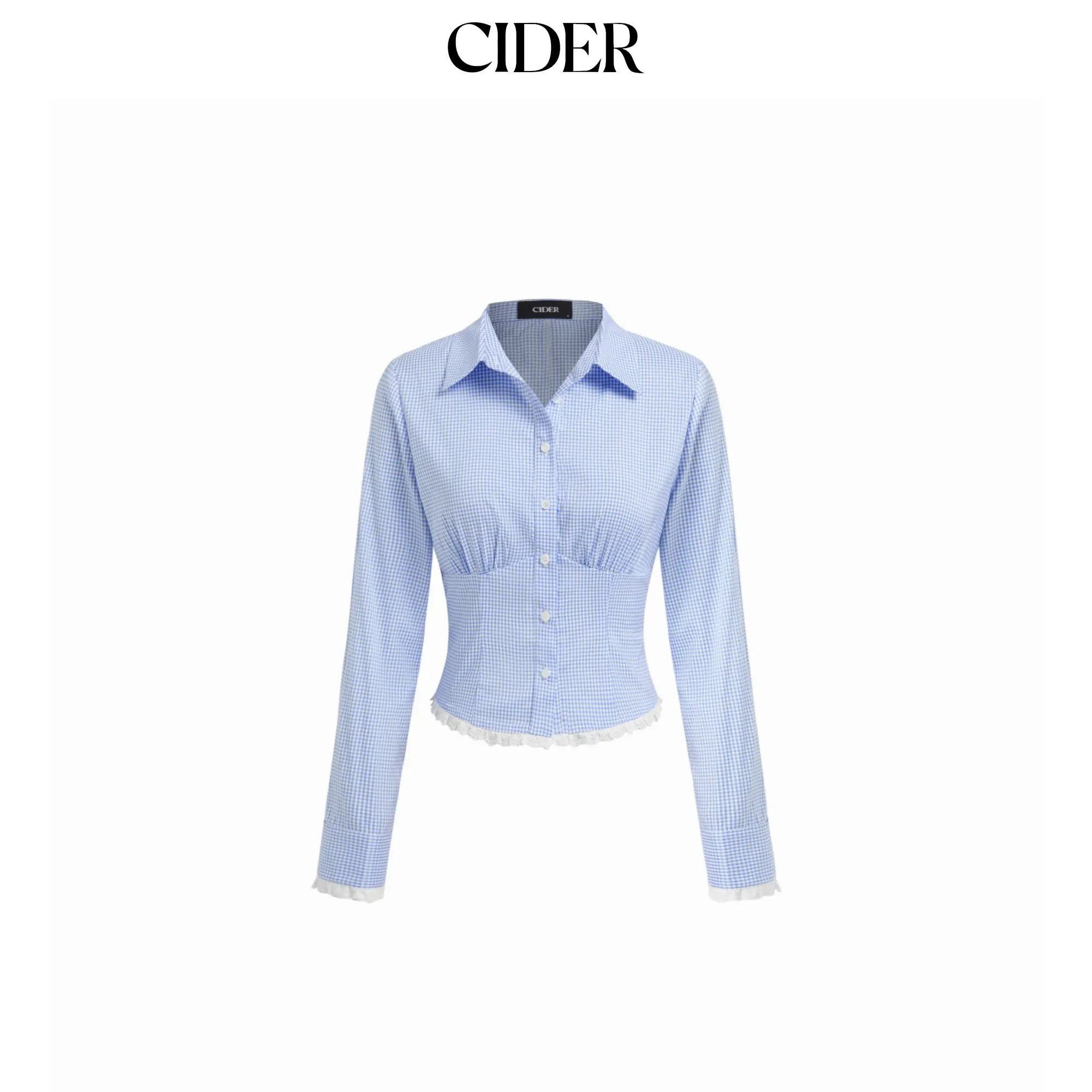 Cider Gingham Collar Long Sleeve Lace Trim Button Shirt SummerFinds