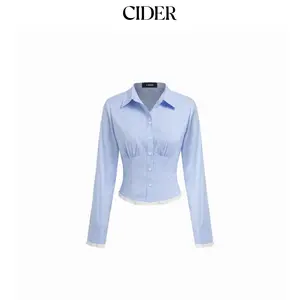 Cider Gingham Collar Long Sleeve Lace Trim Button Shirt Dealsforyou