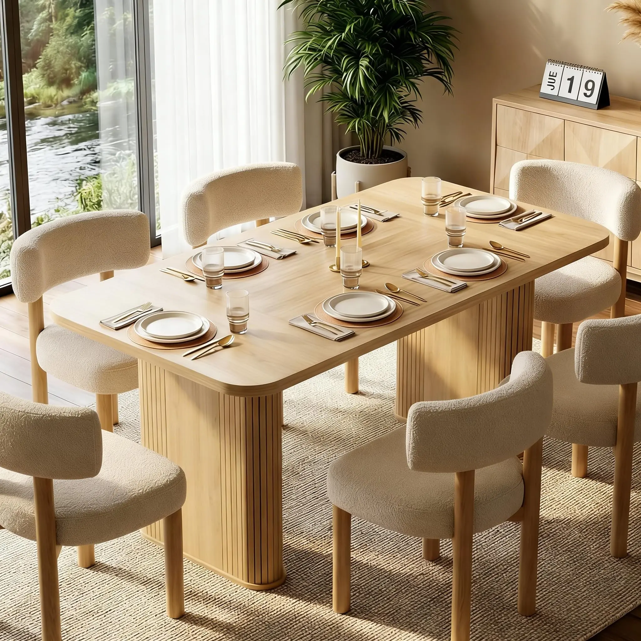 62-In Wooden Rectangular Wooden Dining Table with Sturdy Double Robust Pedestal Base, Fits 6-8 People, Ideal for Dining Room, Kitchen, with Multiple Finishes (Natural, Blackbrown, Walnut)
