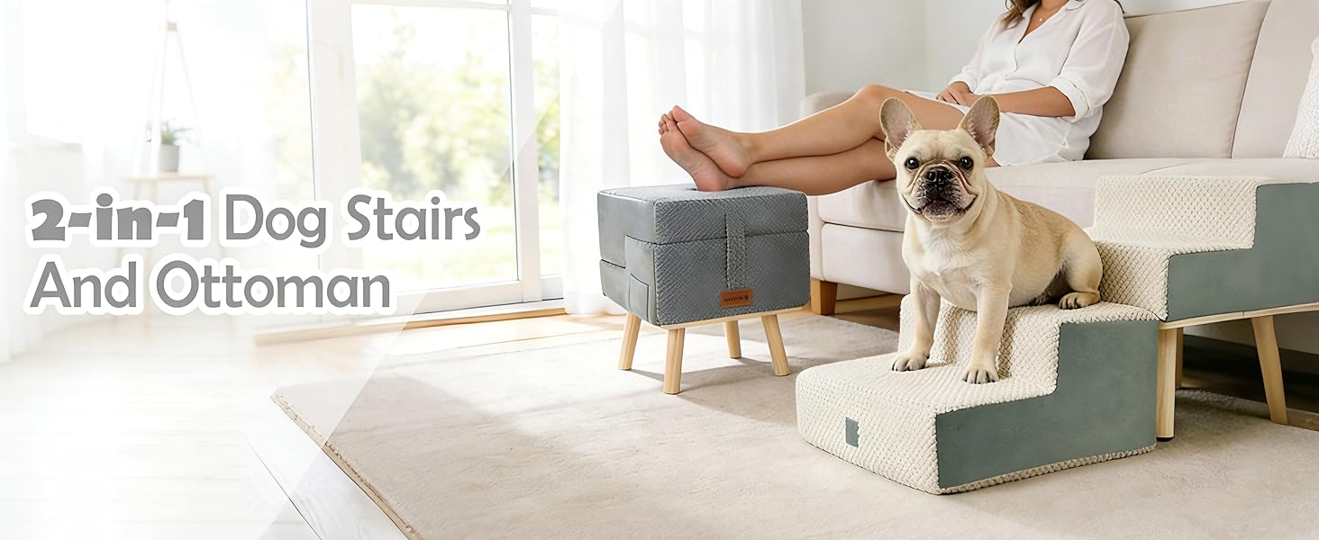 Dog Stairs for Small Dogs and Cats, 4-Step Dog Ramp for Couch and Bed, Foldable 2-in-1 Wooden Pet Steps for Puppy, Split Ottoman Design, Beige