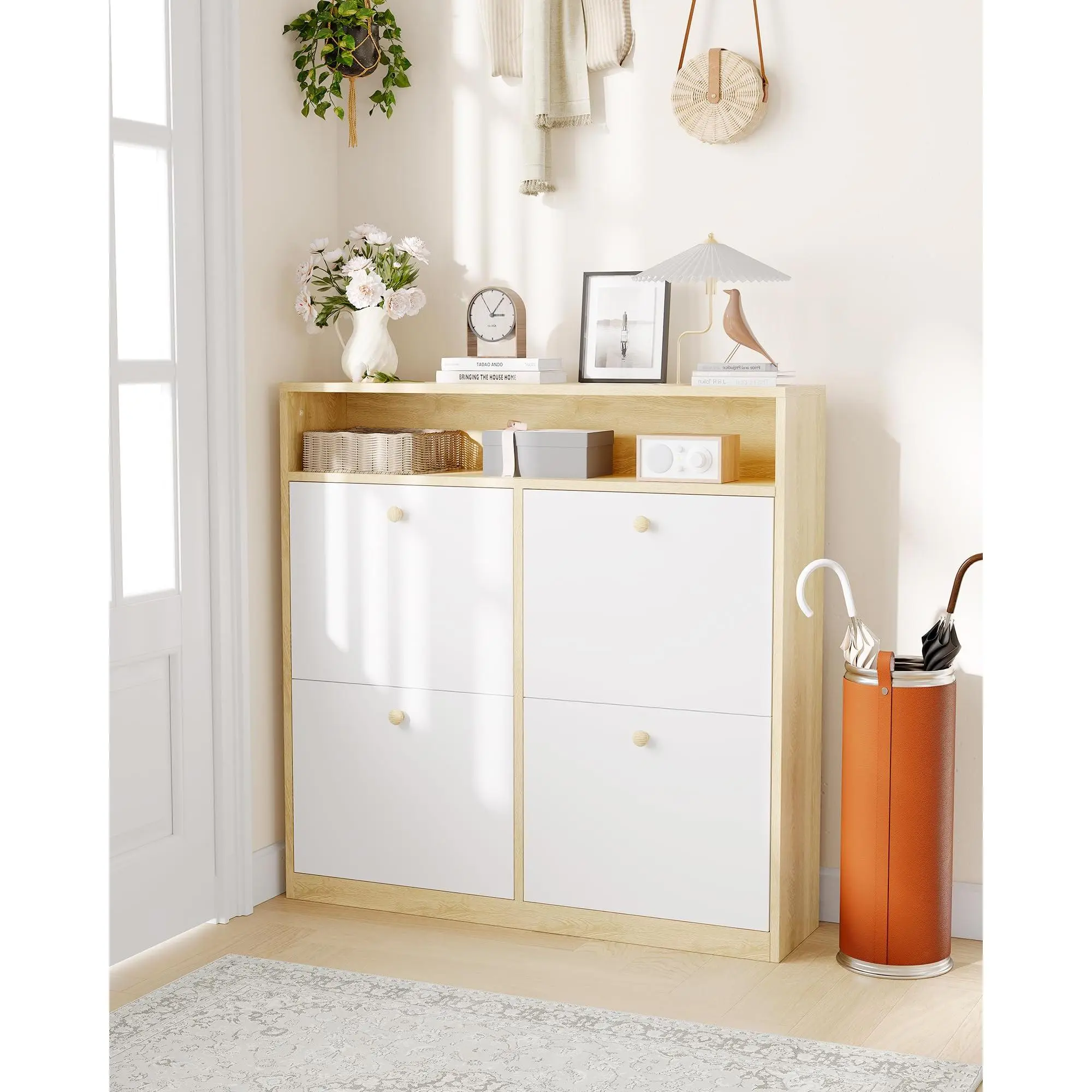 Garvee Narrow Shoe Cabinet with 4 Flip Drawers and Open Shelf, Wooden Freestanding Shoes Organizer with Shelves for Slippers,Sneakers,Heels,Boots for Entry, Hallway, Porches,Shoe Cabinet Storage