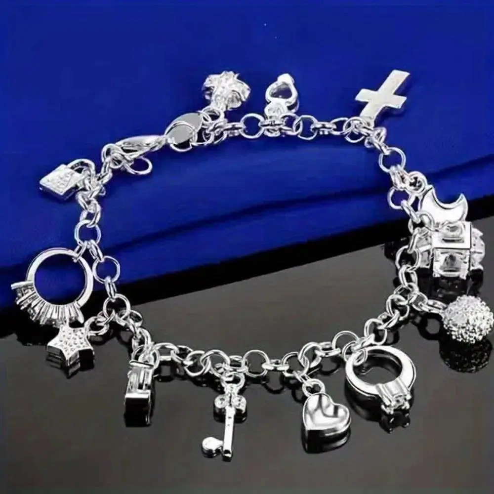 Silvery Hypoallergenic High-Quality 316 Stainless Steel 13pcs Bracelet Set, Including Crosses, Stars & Key Charms