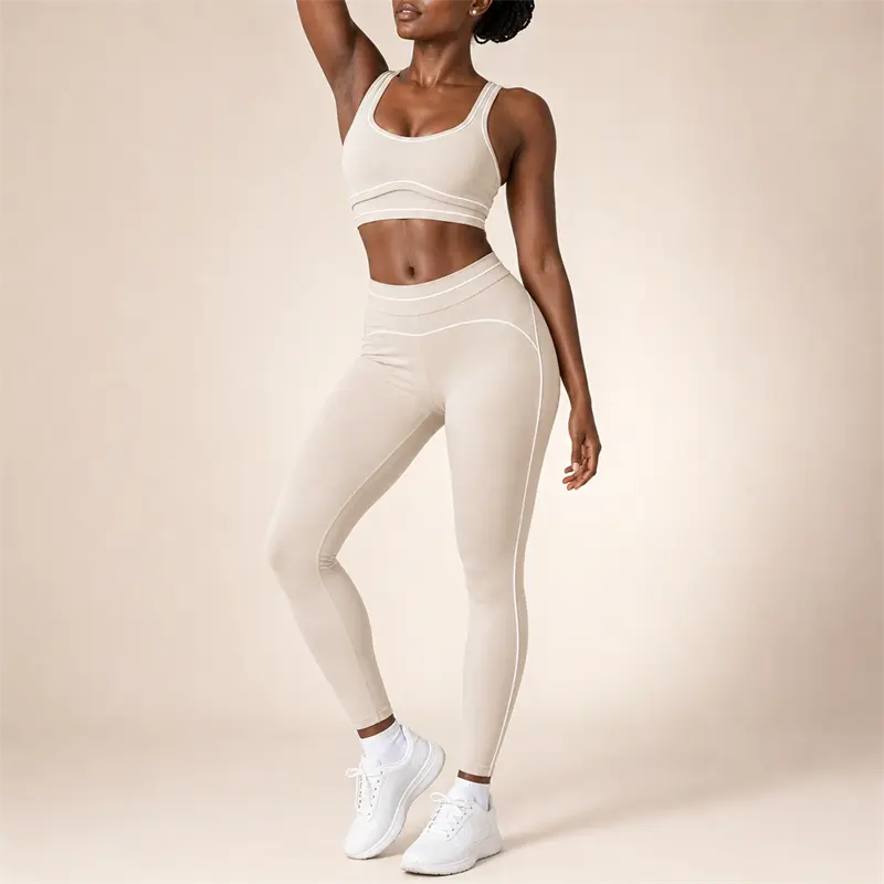 Women's 2-Piece Workout Set, Scoop Neck Crop Sports Bra and High-Waisted Ankle-Length Leggings with Contrast Piping, Matching Activewear Outfit for Yoga, Pilates, Gym Training, Fitness and Daily Wear.
