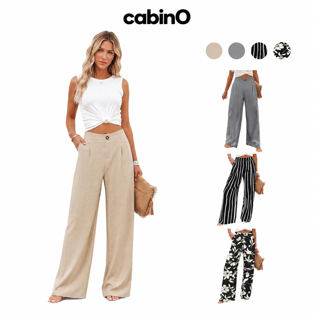 Cabino Women’s Beige Cotton-Linen Wide-Leg Pants, High-Waist Button-Front Pleated Palazzo Trousers with Side Pockets for Summer Beach, Vacation, Travel, Back-to-School and Casual Daily