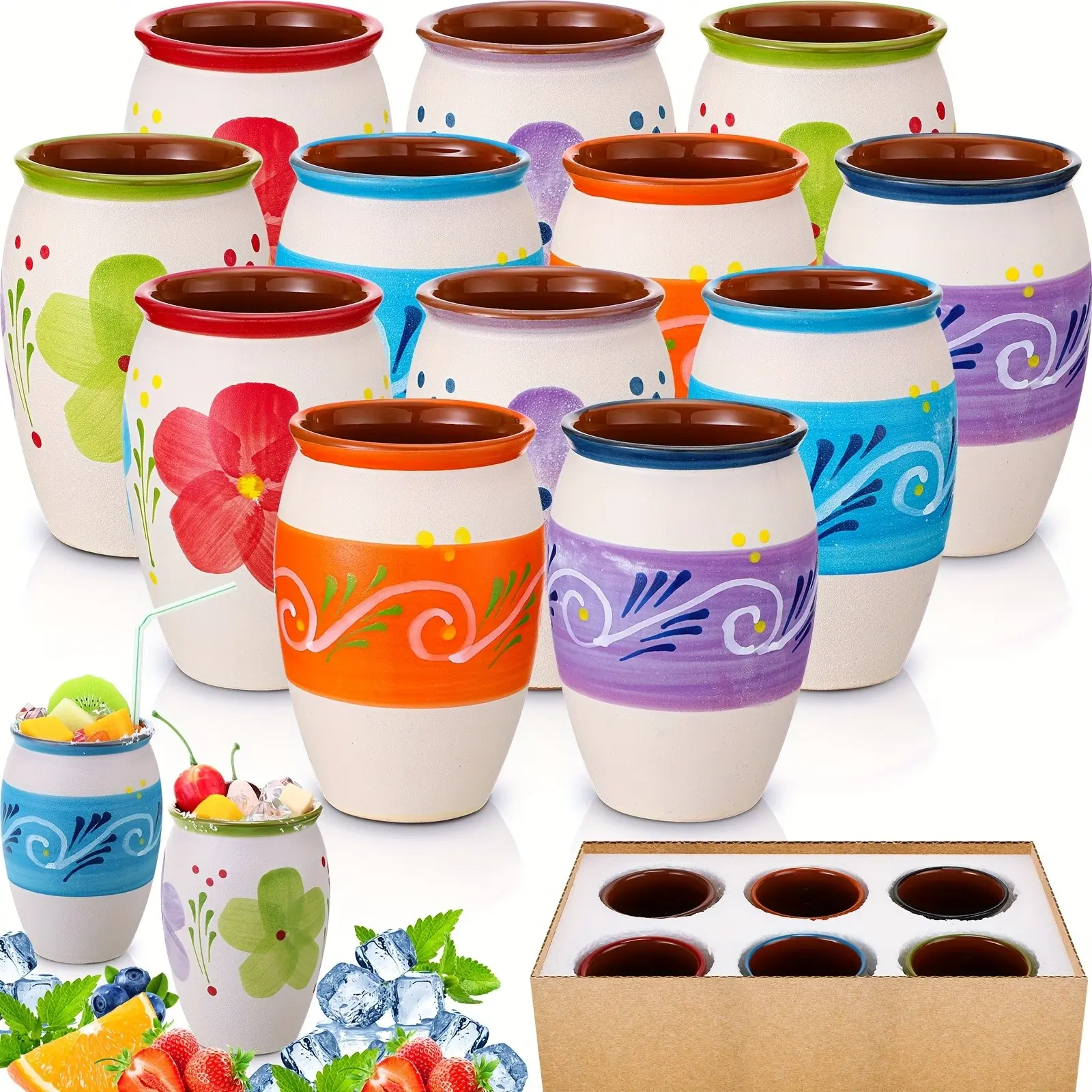 Pack Of 12 12oz Mexican Terracotta Mugs Clay Cups Artisan Made Coffee Mugs, Cocktail Glasses And Tea Cups for Cold Drinks, Hot Drinks, Decor (White)