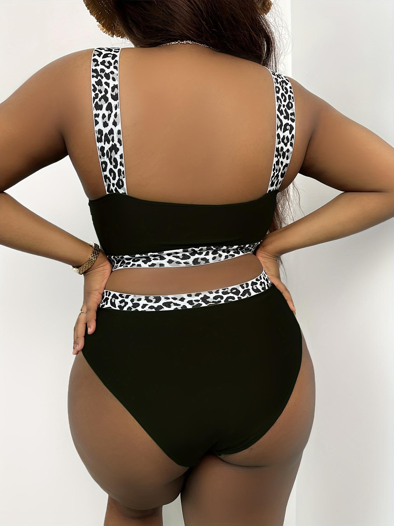 Plus Leopard Patchwork Print Tape Waist Swimsuit, Summer Clothes Women, Women's Casual Comfy Breathable High Stretch Swimwear for Summer, Swim Tankini Tops, High Rise Swimwear
