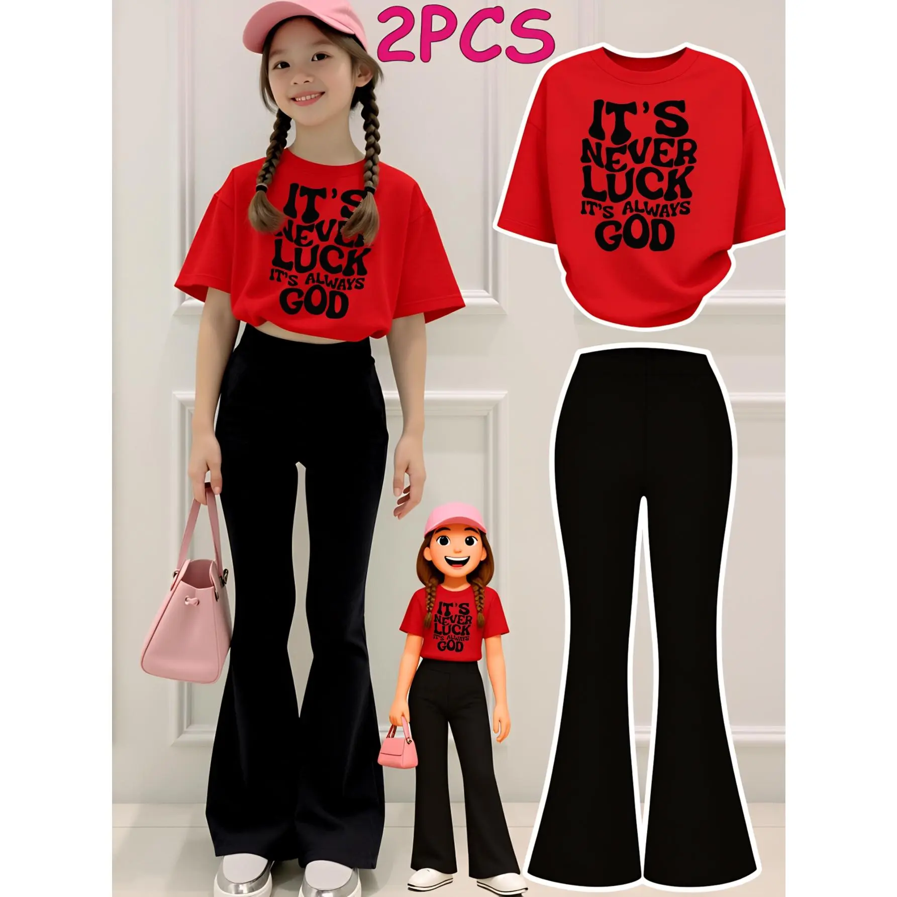 2pcs  Girls Clothes T-Shirt Set It'S Never Luck It'S Always God Print Girl Clothes Short-Sleeved Round Neck T-Shirt Bell Bottom Pants Set Perfect for Outdoor Kids Clothes
